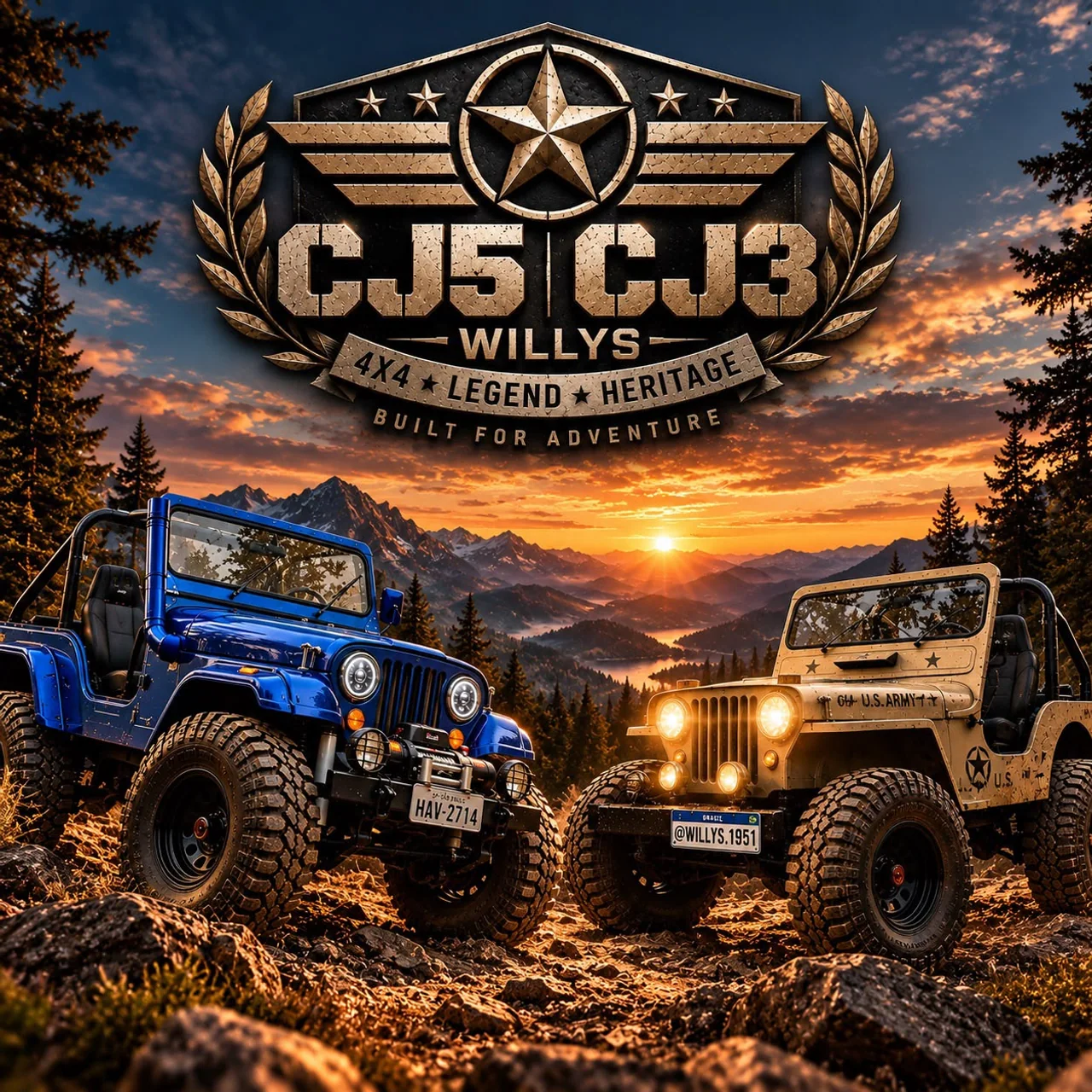 Arte da Garagem Willys 1951 com emblema CJ3 e dois Jeeps ao pôr do sol